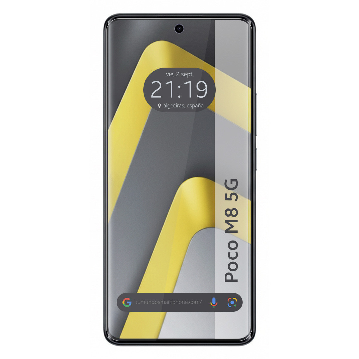 Un smartphone Poco M8 5G con acentos amarillos en su pantalla de bloqueo.