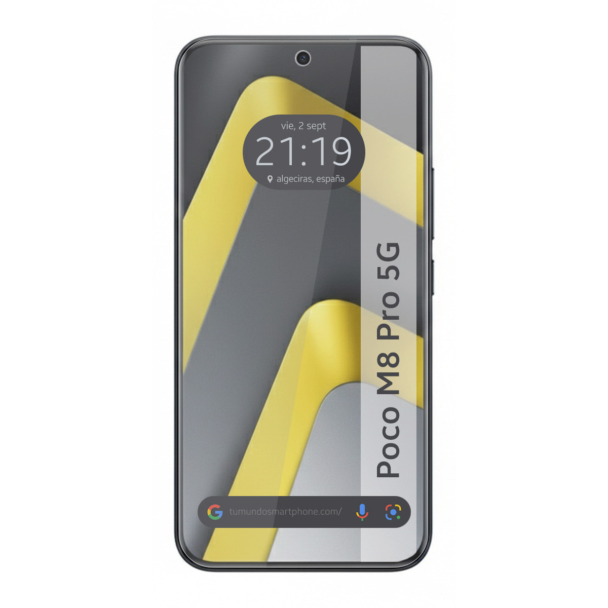 Un smartphone con texto 'Poco M8 Pro 5G' y la hora en pantalla.