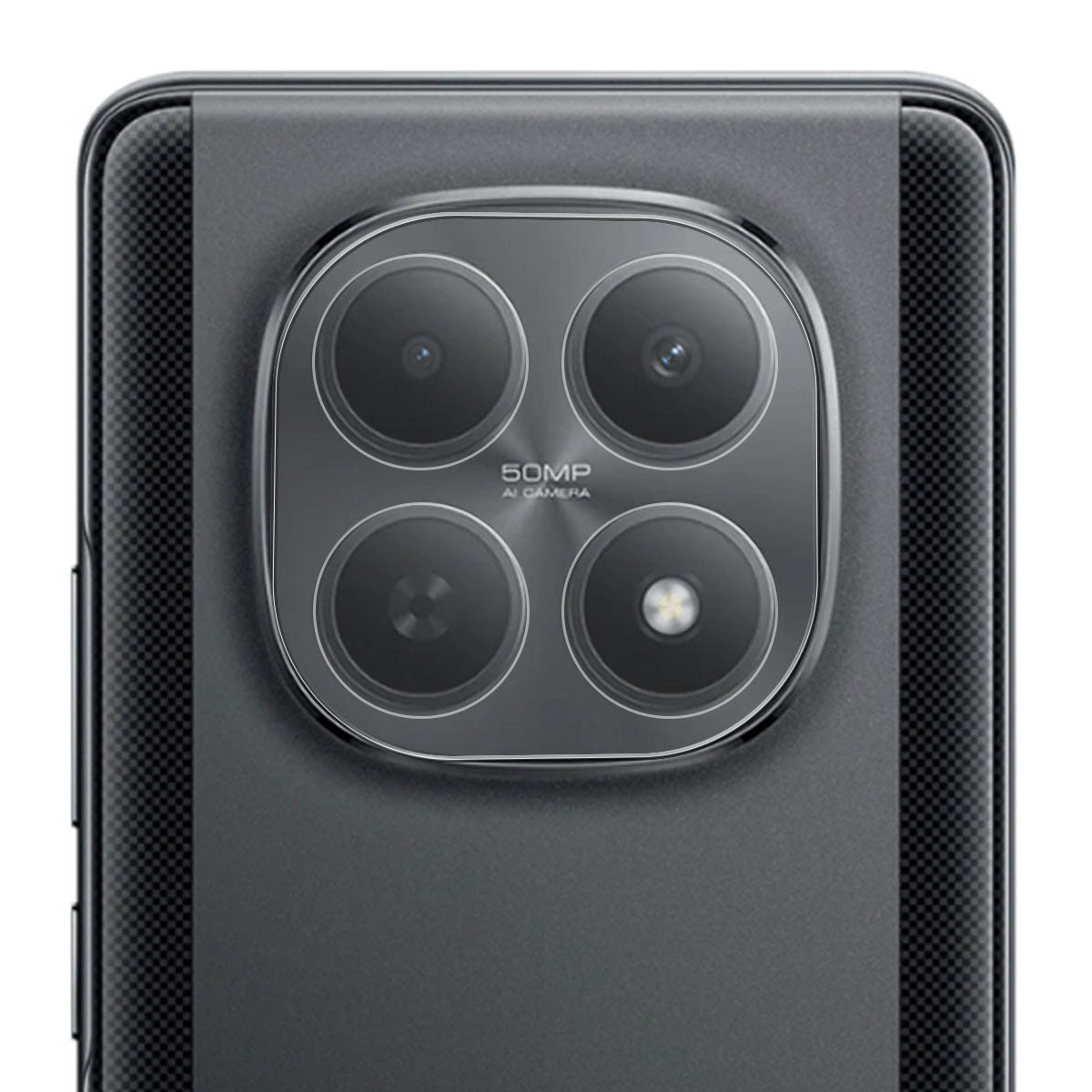 Parte trasera de un smartphone con cámara cuádruple y texto de cámara IA de 50MP.