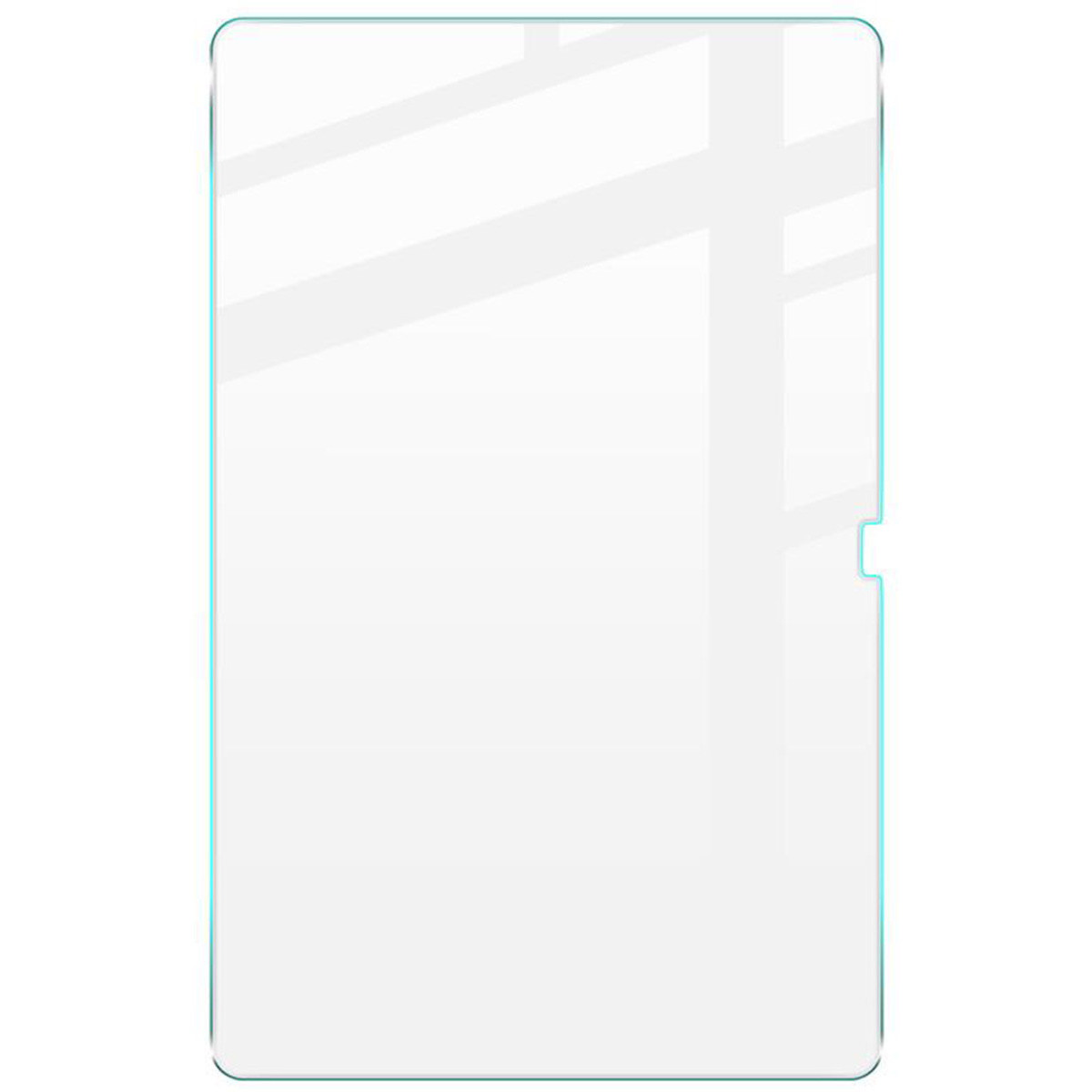 Un protector de pantalla transparente para un dispositivo rectangular con esquinas redondeadas.