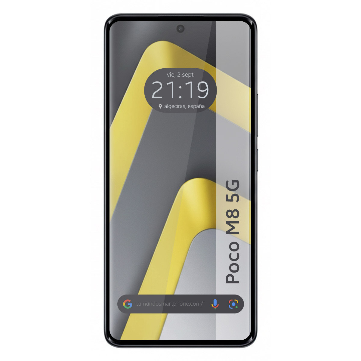 Un smartphone negro con un fondo abstracto amarillo y gris, mostrando la hora 21:19 y "Poco M8 5G".