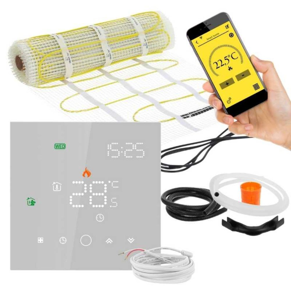 Mata do ogrzewania podłogowego, termostat, smartfon i akcesoria.