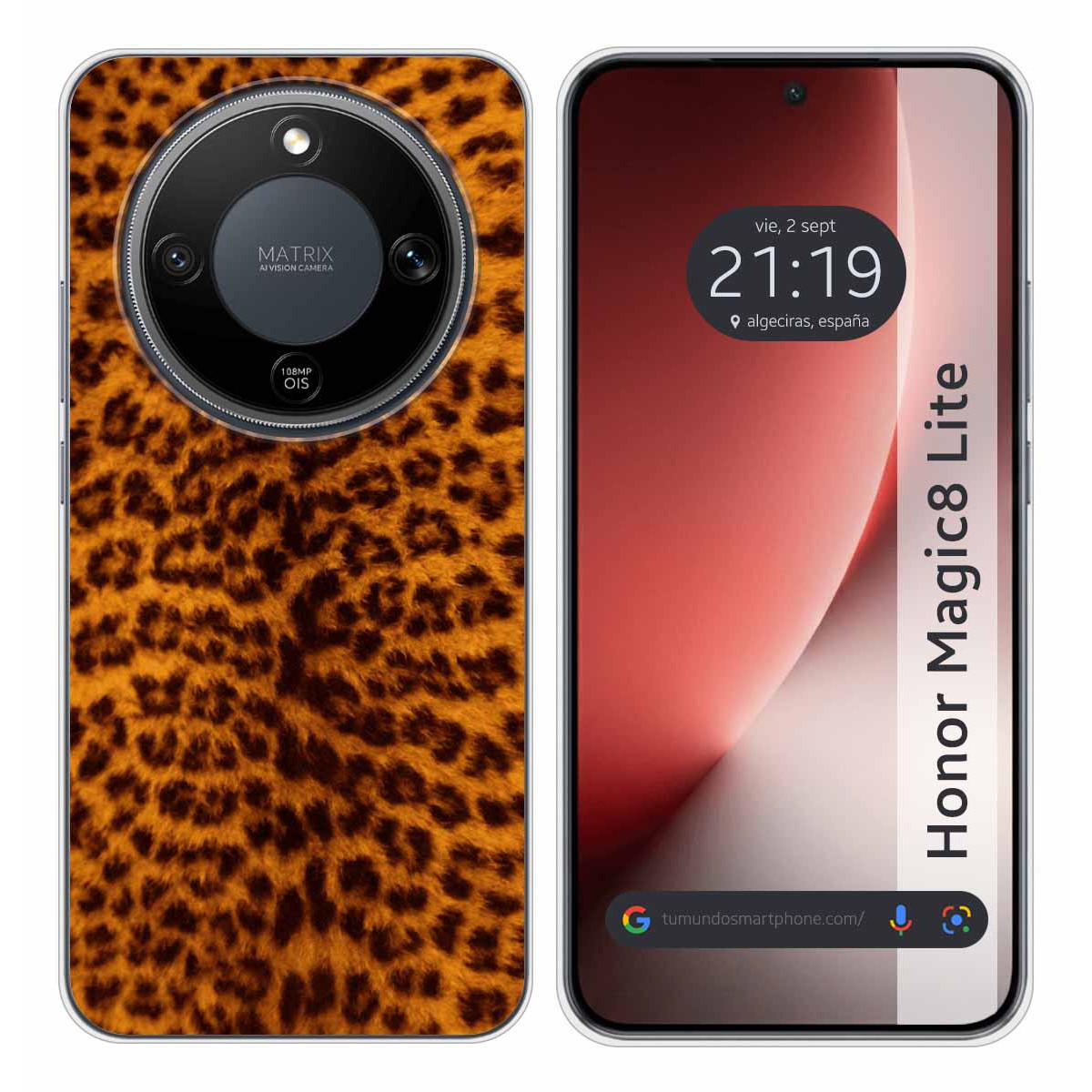 Una funda de smartphone con estampado de leopardo y un teléfono con pantalla de hora y texto "Honor Magic8 Lite".