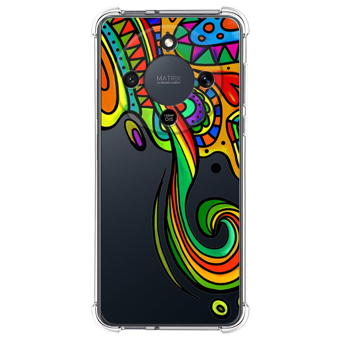 Funda de teléfono transparente con un vibrante diseño abstracto y colorido.