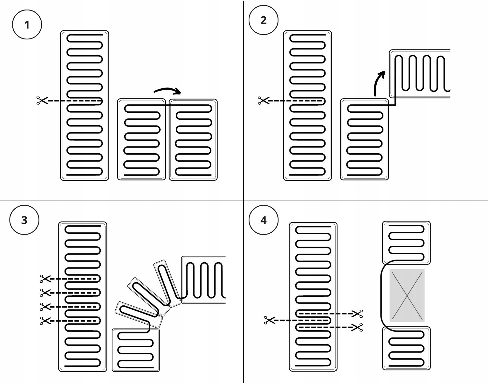 Cztery diagramy pokazują maty grzewcze do cięcia i łączenia.