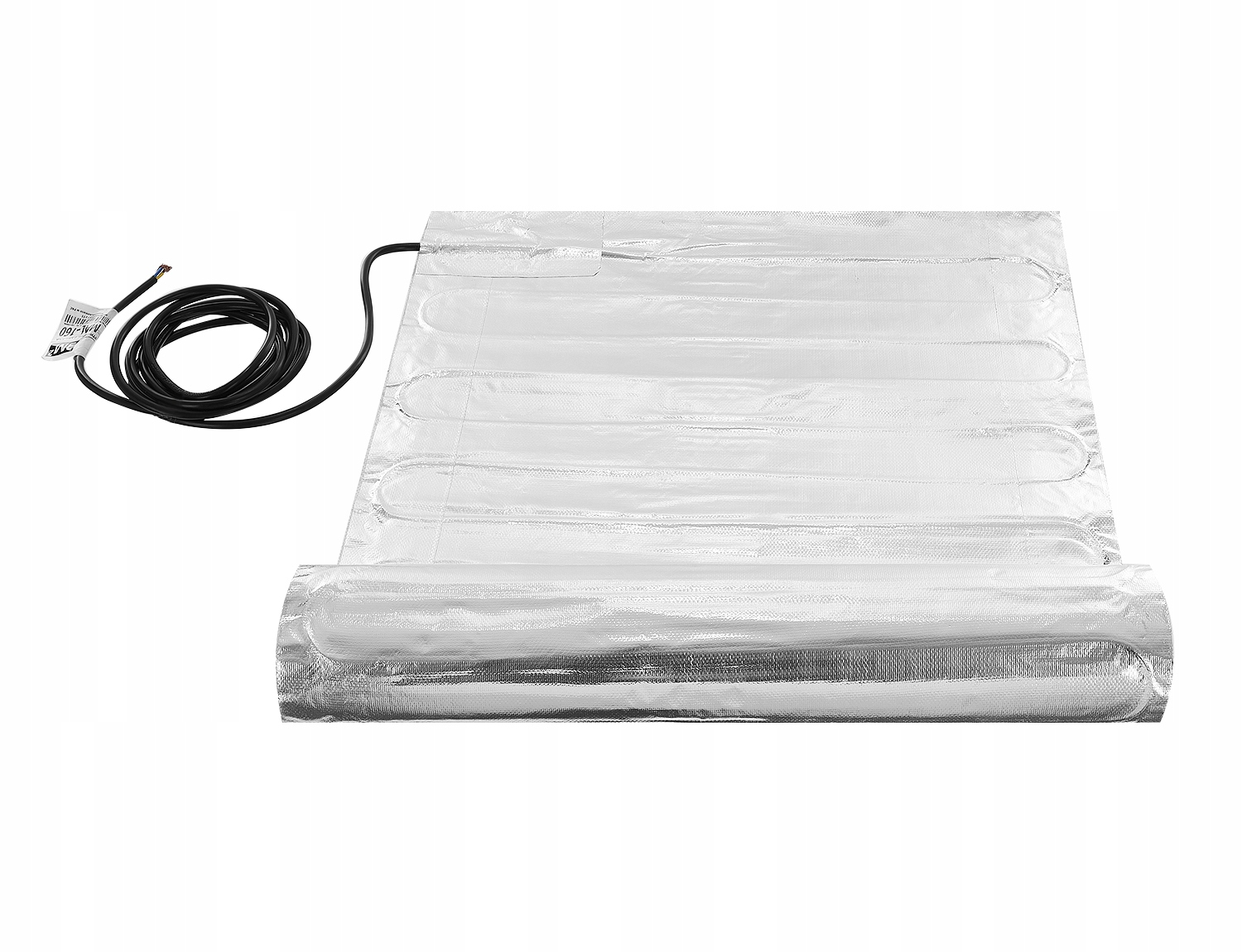 Srebrna mata grzewcza z czarnym kablem na białym tle.