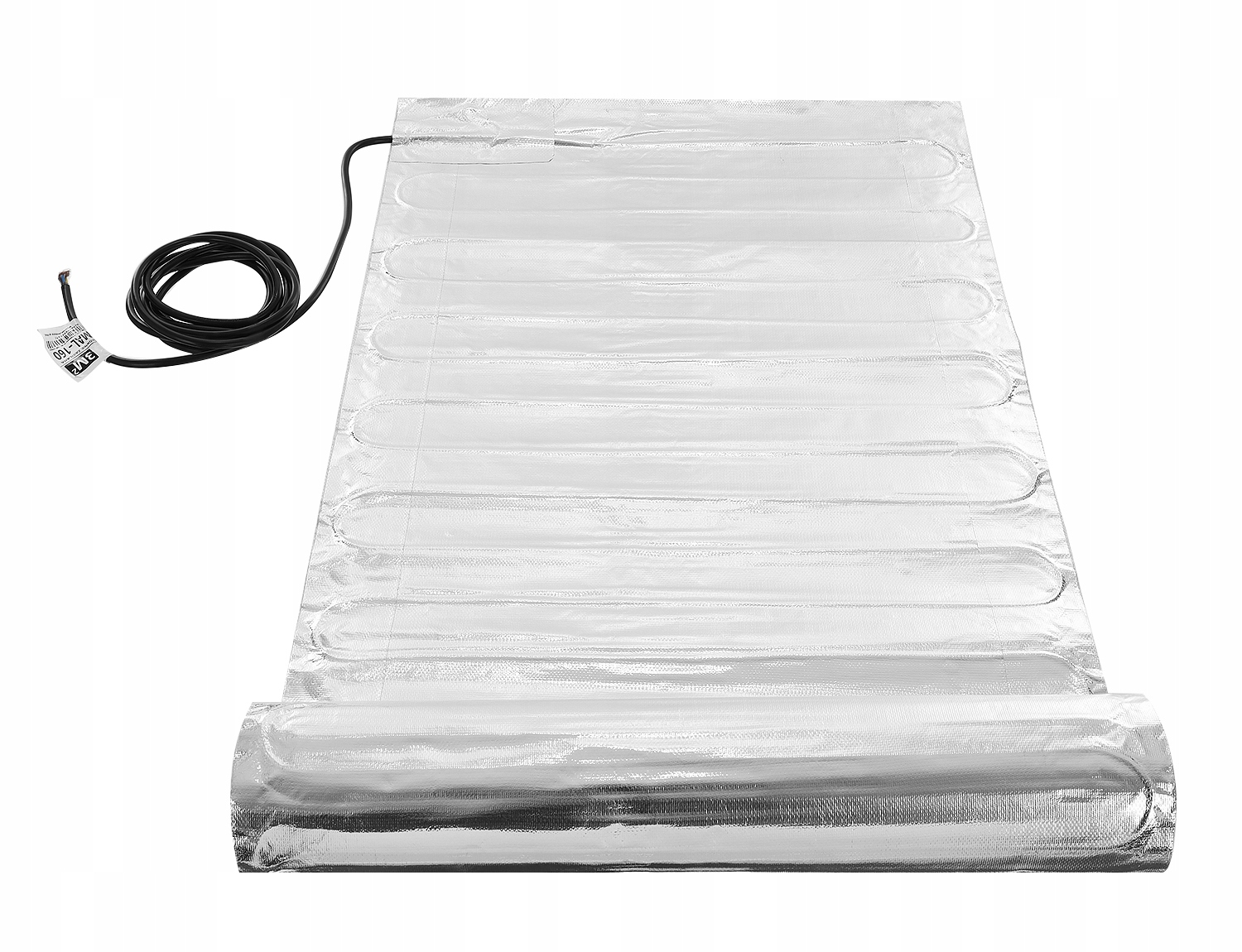 Srebrna mata grzewcza z czarnym kablem, częściowo zwinięta.