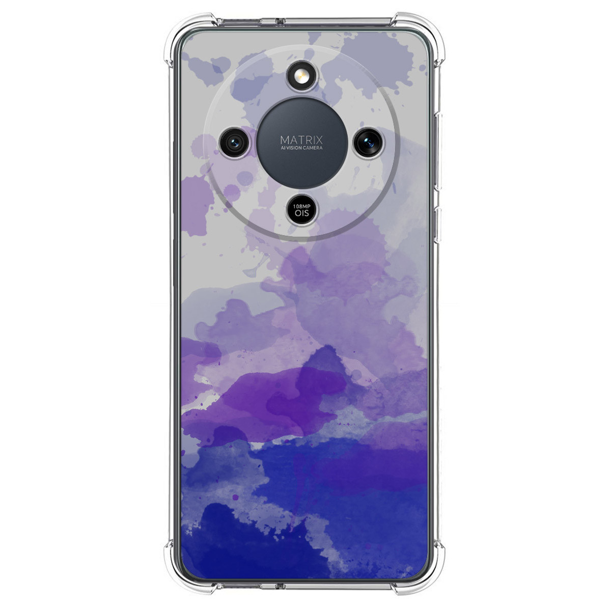 Un teléfono inteligente en una funda transparente con diseño de acuarela morada.