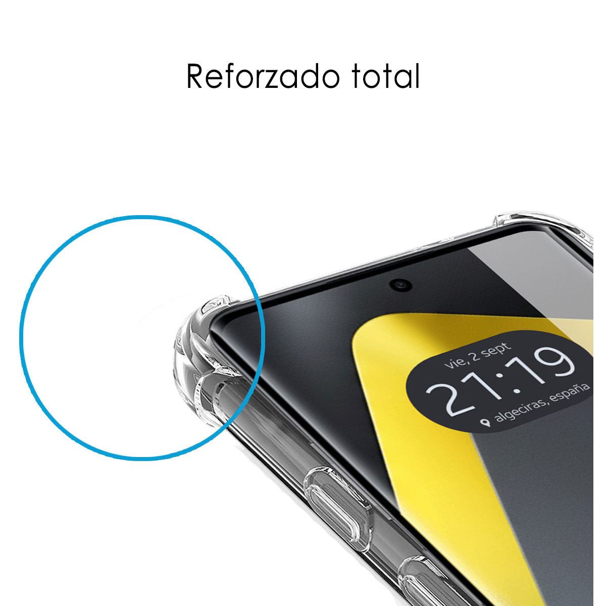 Funda transparente para móvil con esquinas reforzadas.