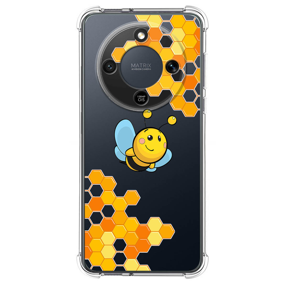 Una funda de teléfono con una abeja y patrón de panal.