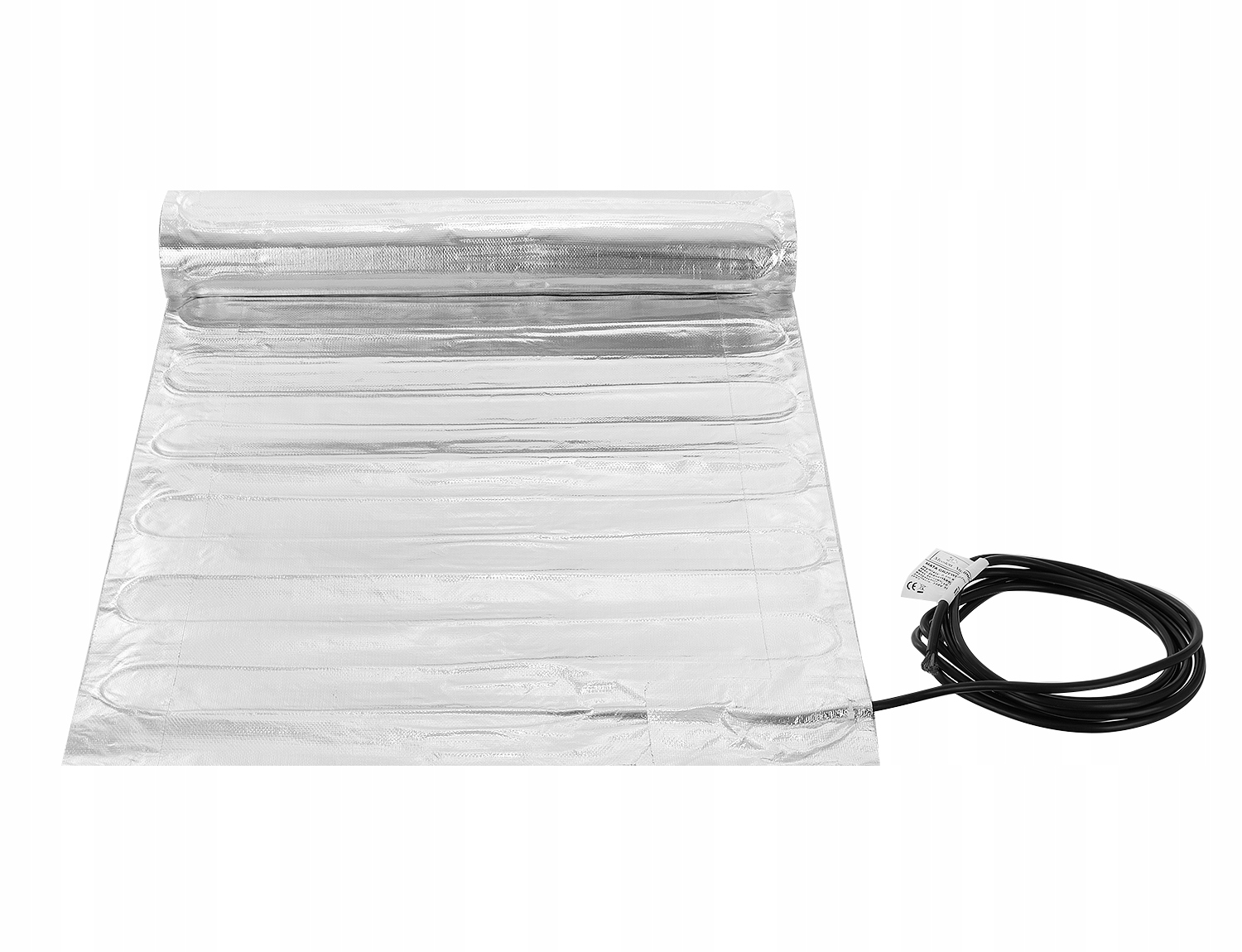 Srebrna mata grzewcza z czarnym kablem, zwinięta, z oznaczeniem CE.