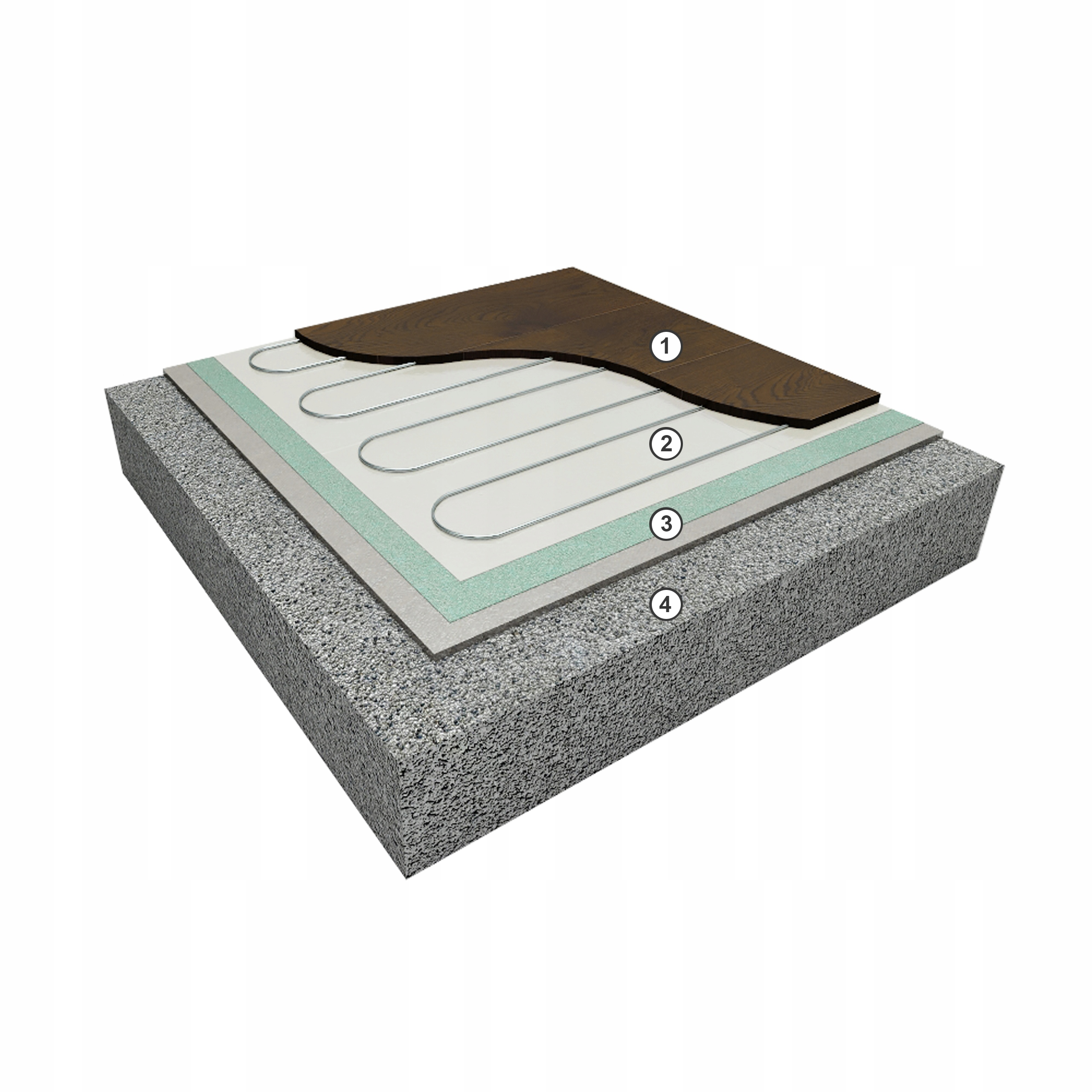 Warstwowa konstrukcja podłogi z ogrzewaniem podłogowym: drewniana podłoga, rury grzewcze.