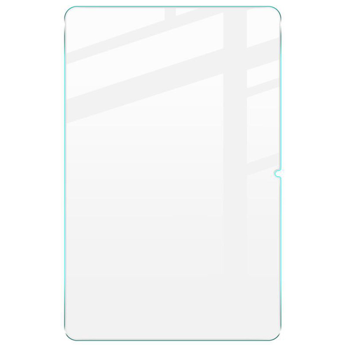 Un protector de pantalla transparente con bordes azules sobre fondo blanco.