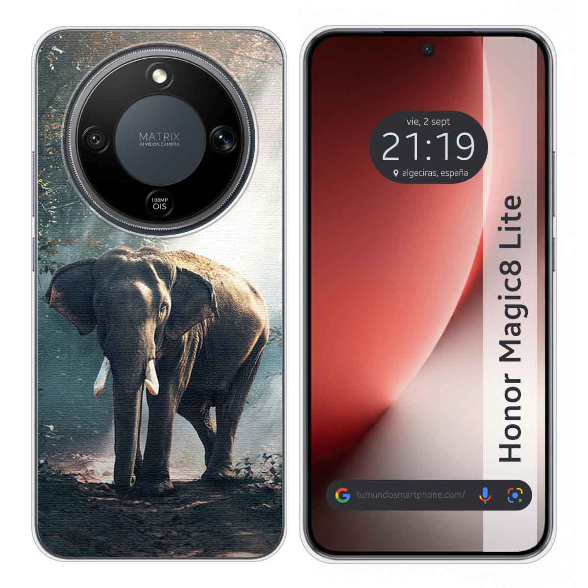 Un elefante delante de una funda de teléfono con módulo de cámara Matrix.