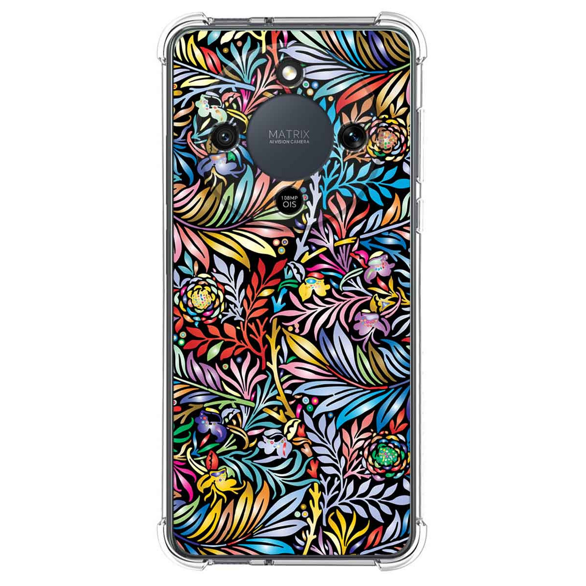 Un teléfono inteligente con un patrón floral colorido sobre fondo negro, funda transparente.