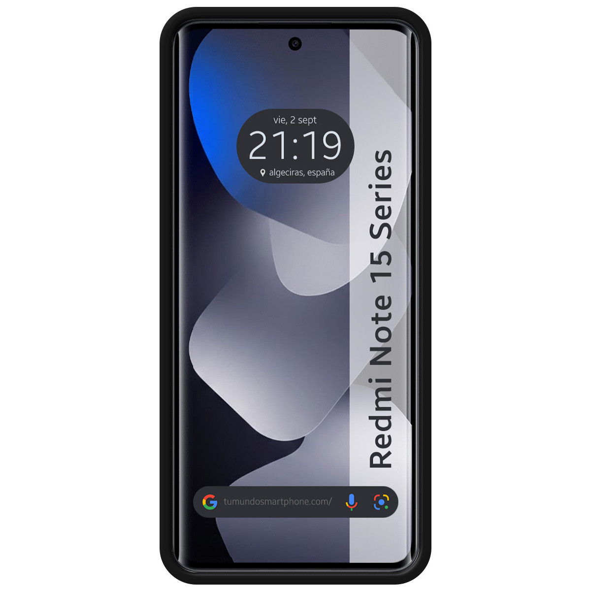 Un smartphone con marco negro muestra su pantalla de bloqueo con hora y fecha.