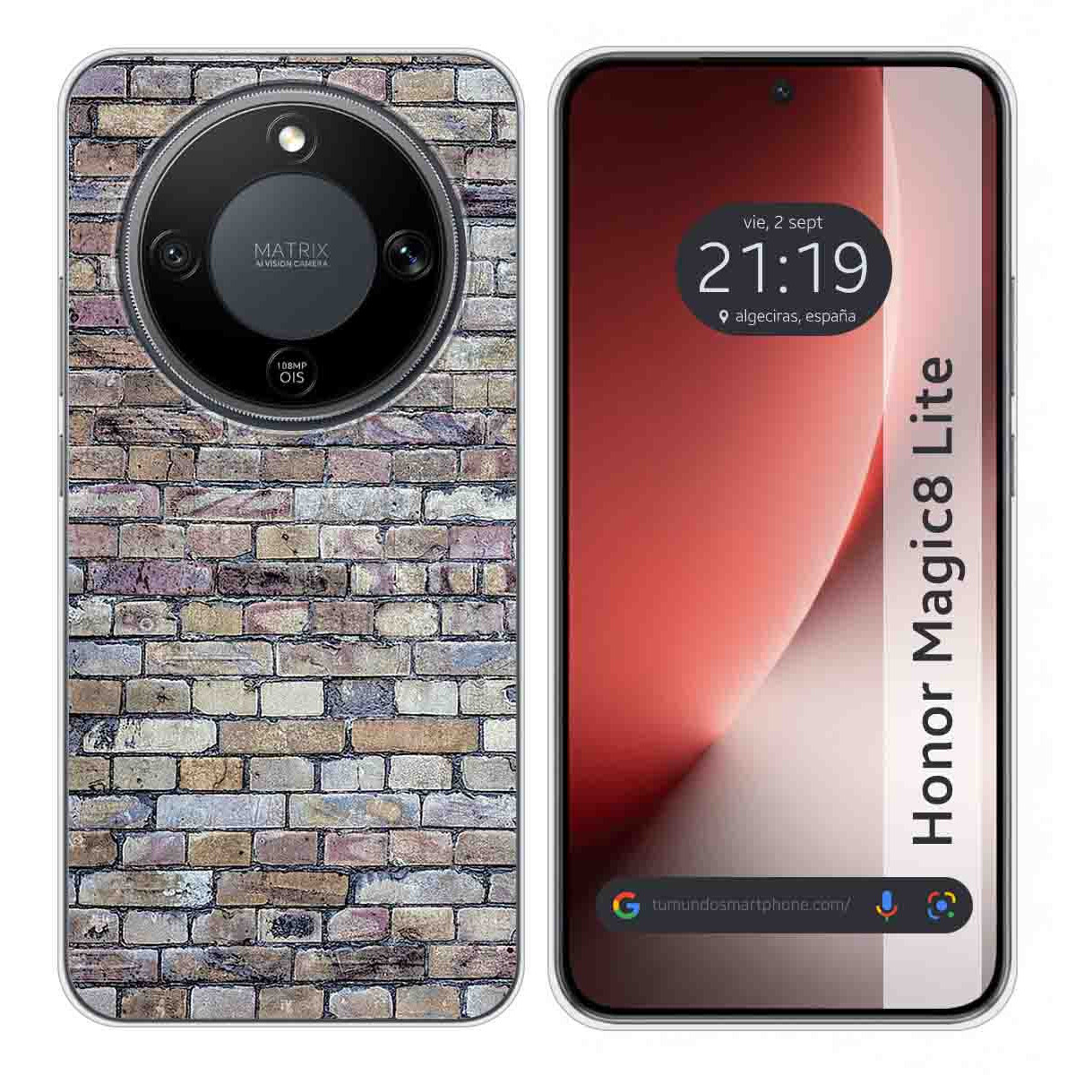 Un teléfono con patrón de ladrillo y pantalla con hora y fecha.