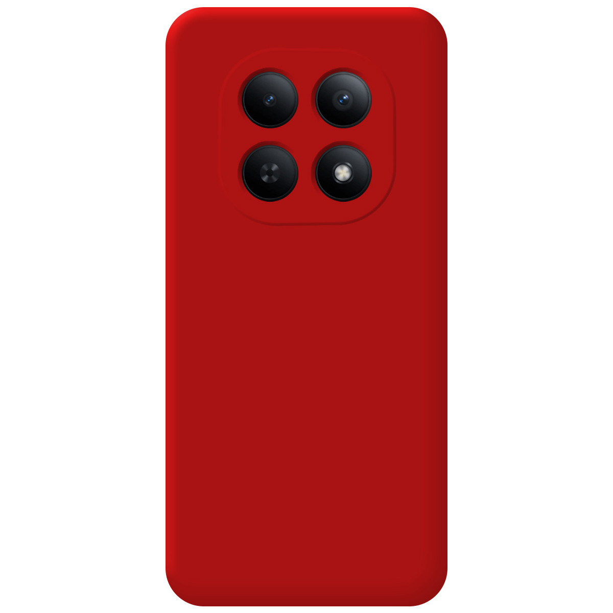 Funda roja para teléfono con cuatro lentes de cámara en un recorte cuadrado.