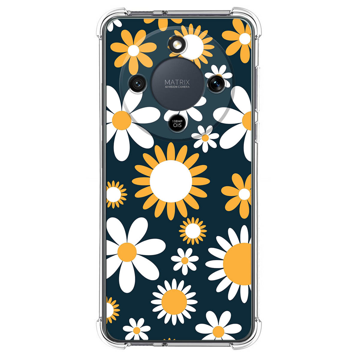 Funda azul oscuro con flores de margarita blancas y amarillas.