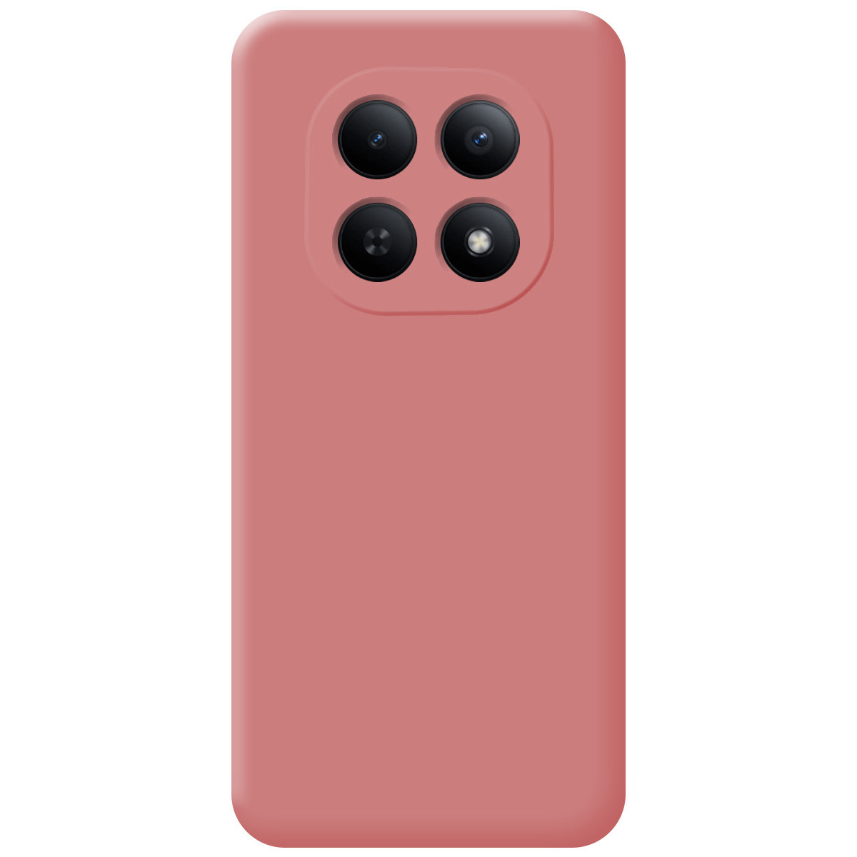 Una funda de teléfono rosa coral con cuatro lentes de cámara.