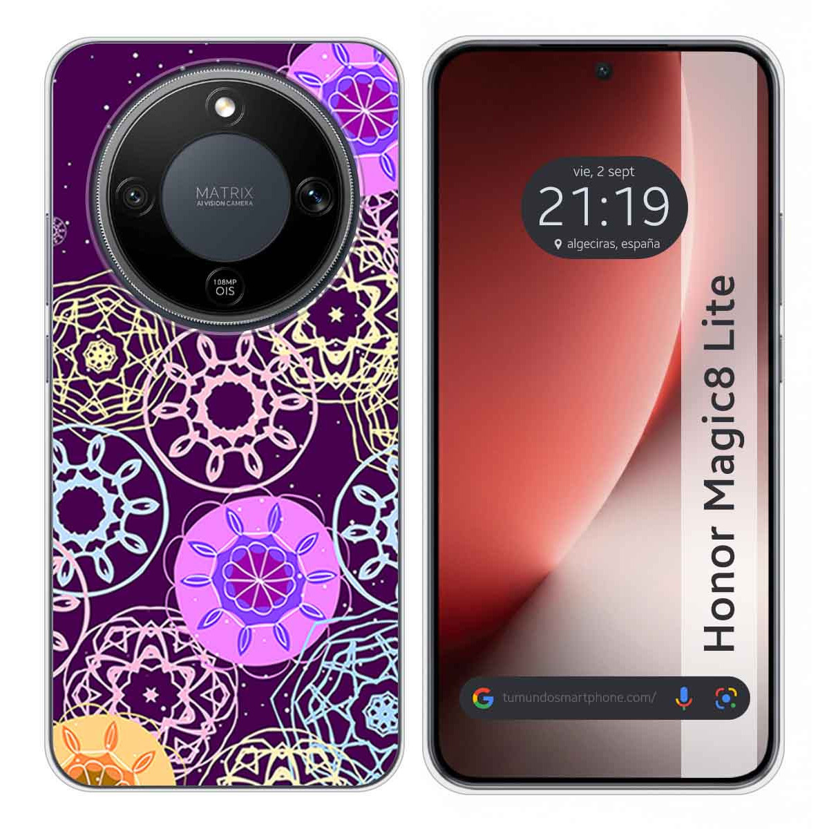 Un teléfono con funda morada de mandala y un segundo teléfono.