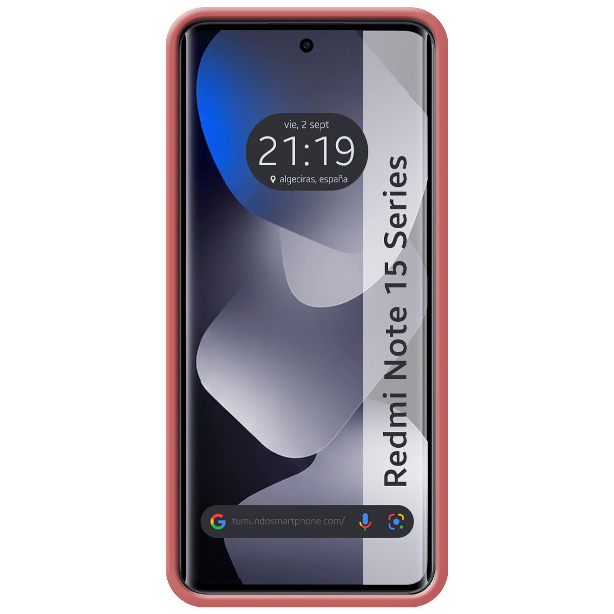 Un teléfono rojo con el texto 'Redmi Note 15 Series' en pantalla.