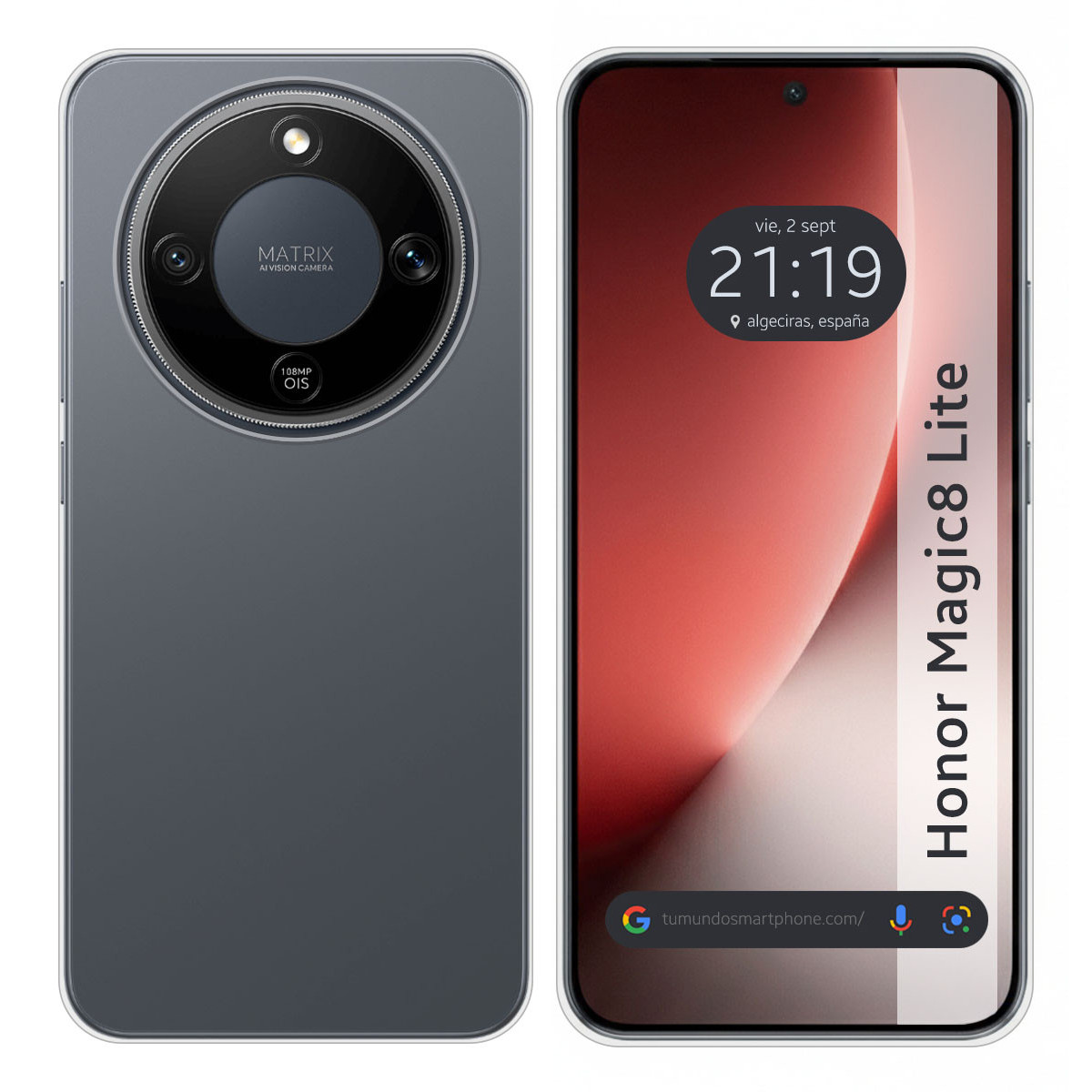 Vista trasera y frontal de un smartphone Honor Magic8 Lite gris con matriz de cámara.
