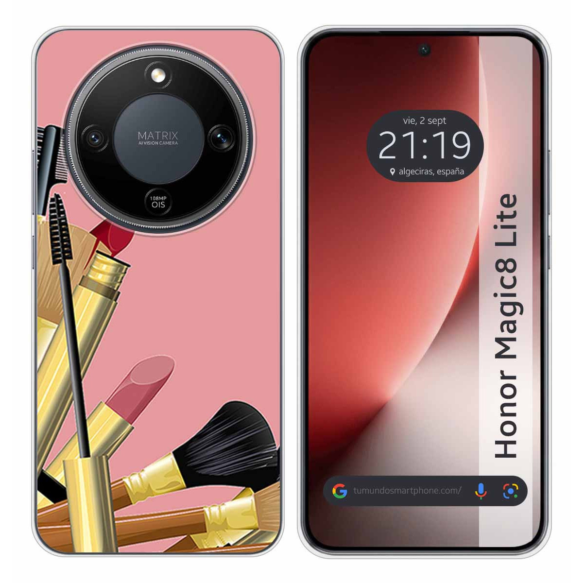 Un teléfono con diseño de pinceles de maquillaje y pantalla de móvil con la hora.