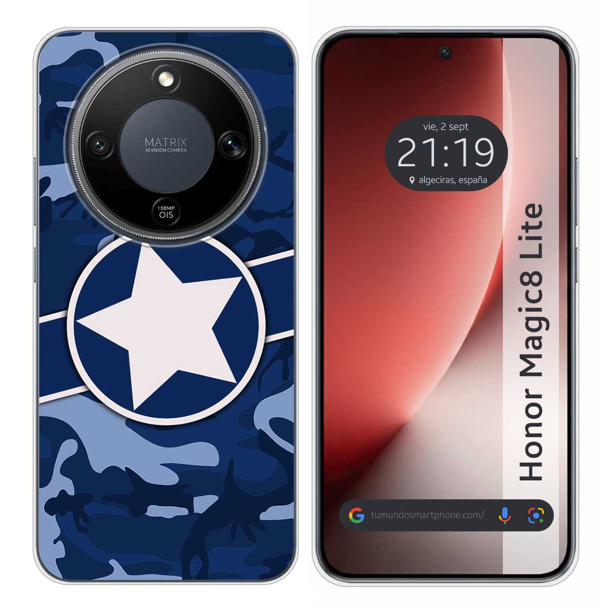 Funda de móvil azul camuflaje con estrella; pantalla móvil muestra hora y lugar.