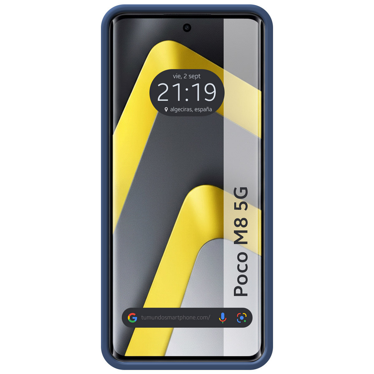 Un smartphone con borde azul muestra las 21:19 y Algeciras, España. Fondo abstracto amarillo y gris.