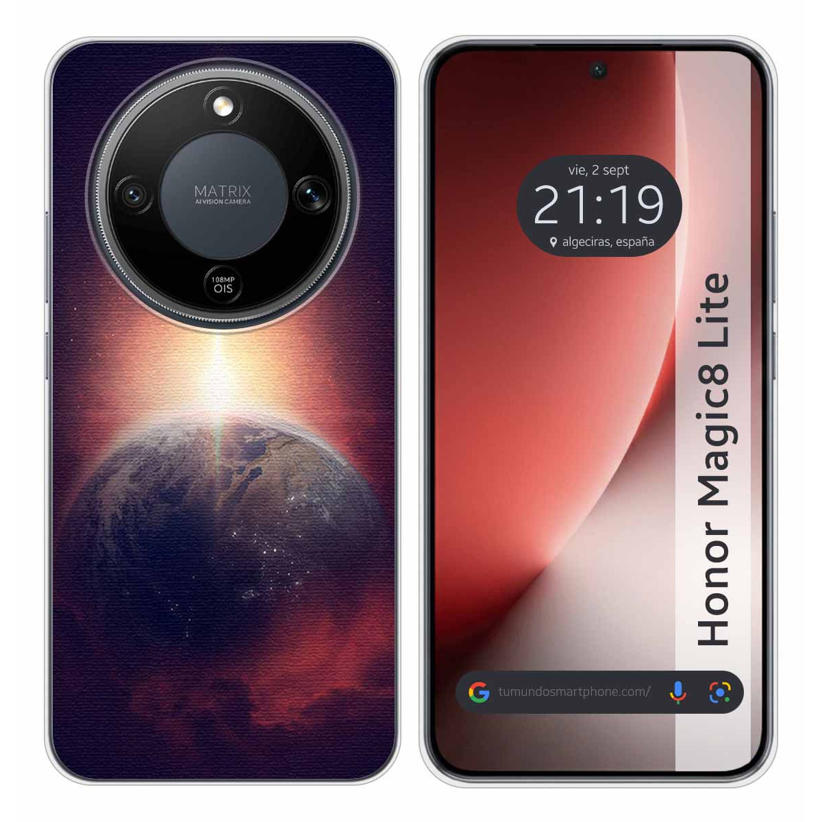 Dos teléfonos: uno con diseño de Tierra, otro con hora 21:19.