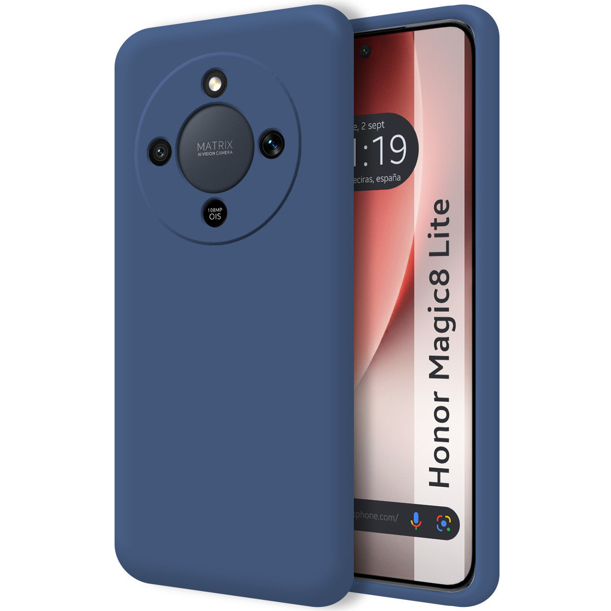 Una funda azul cubre la parte trasera de un Honor Magic8 Lite con módulo de cámara.