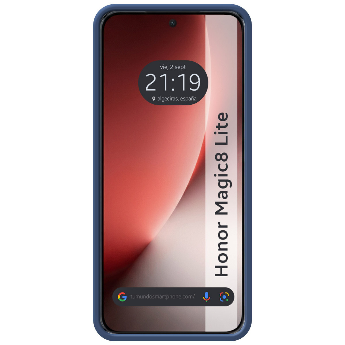 Smartphone Honor Magic8 Lite con marco azul y fondo rojo.