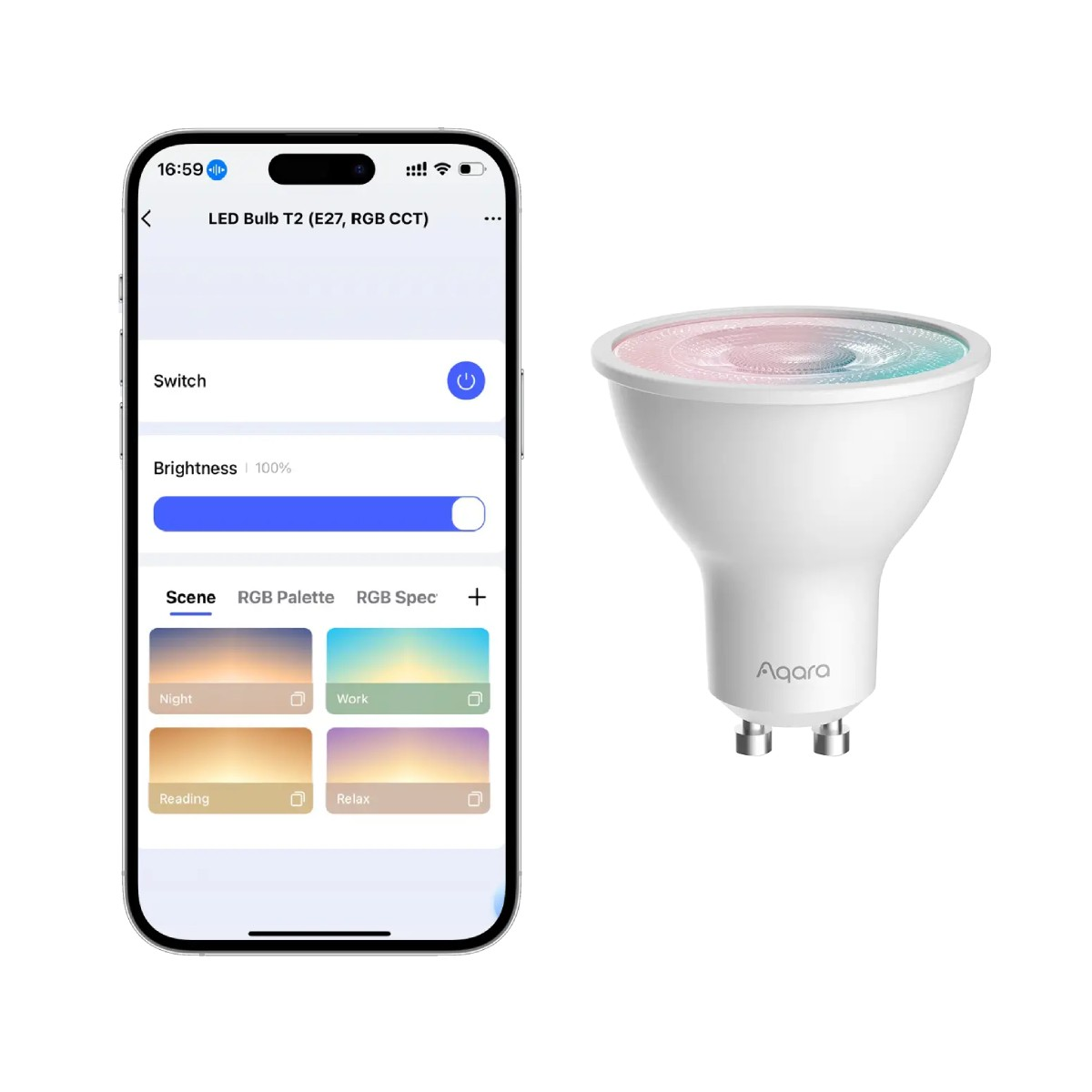 Una lampadina LED RGB bianca accanto a uno smartphone che mostra i controlli.