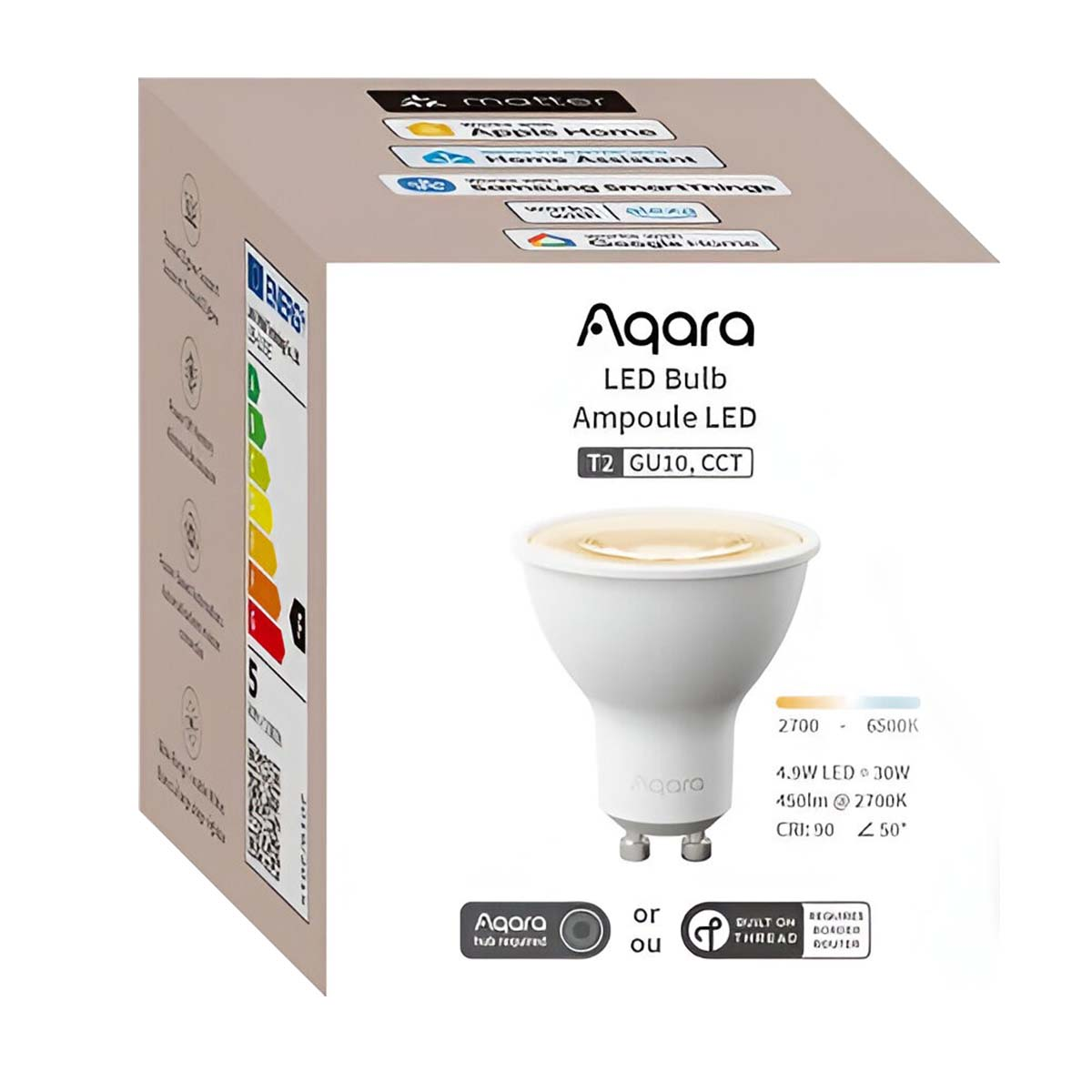 Lampadina LED Aqara GU10 CCT su confezione con etichetta energetica e loghi smart home.