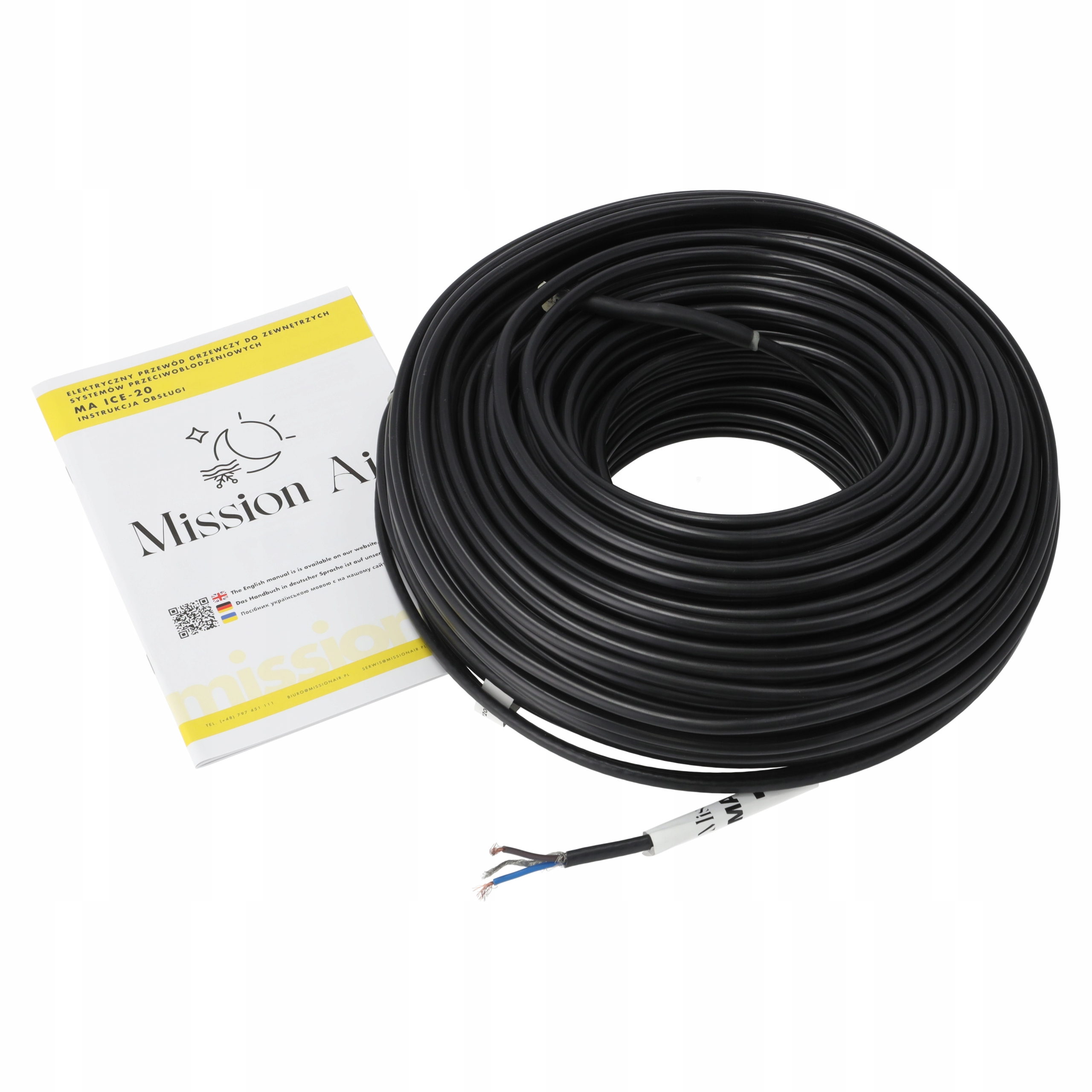 Czarny kabel z instrukcją. Kabel jest nawinięty. Instrukcja w języku polskim. Końcówki są odsłonięte.