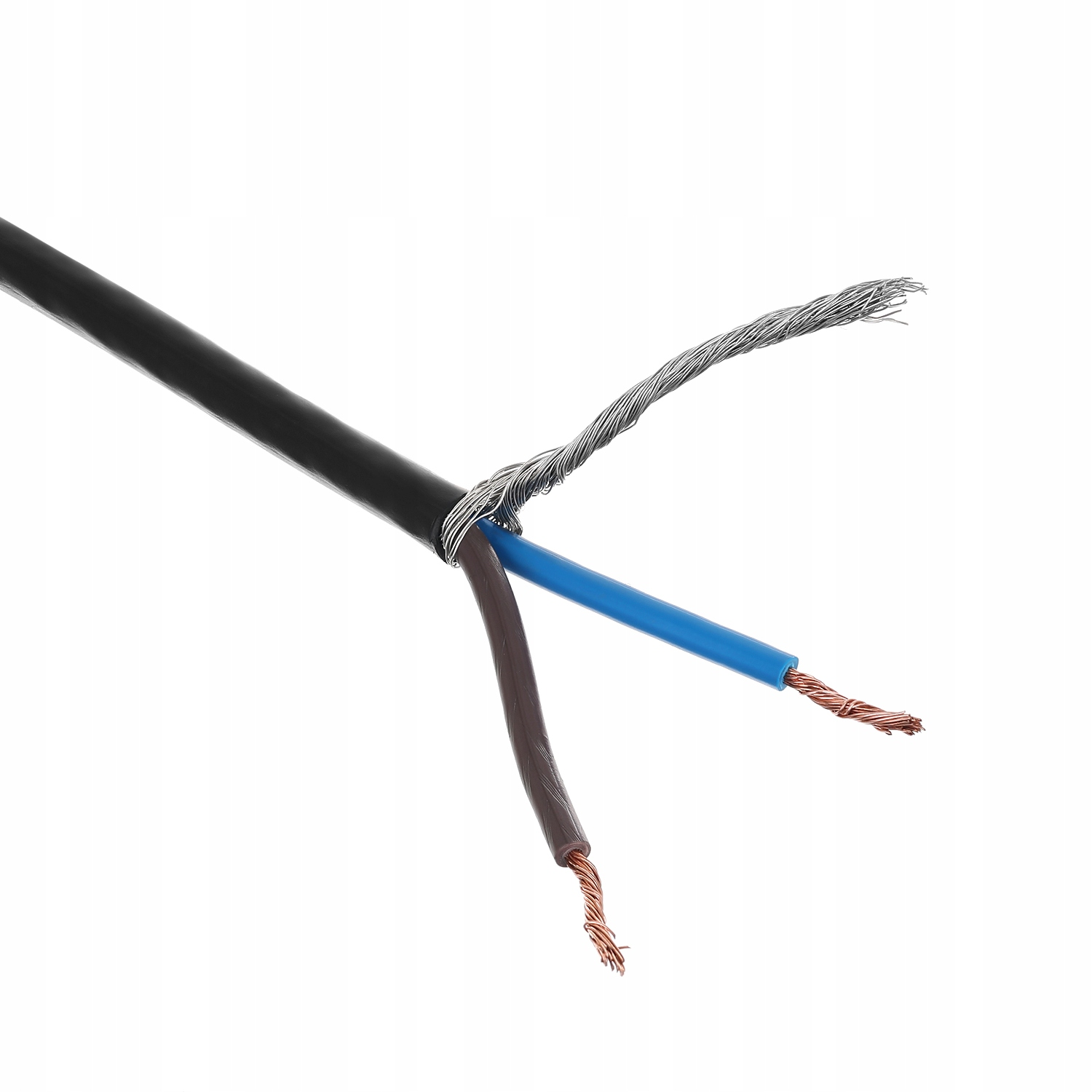 Odkryty czarny kabel ukazuje metalowy, niebieski i brązowy przewód.