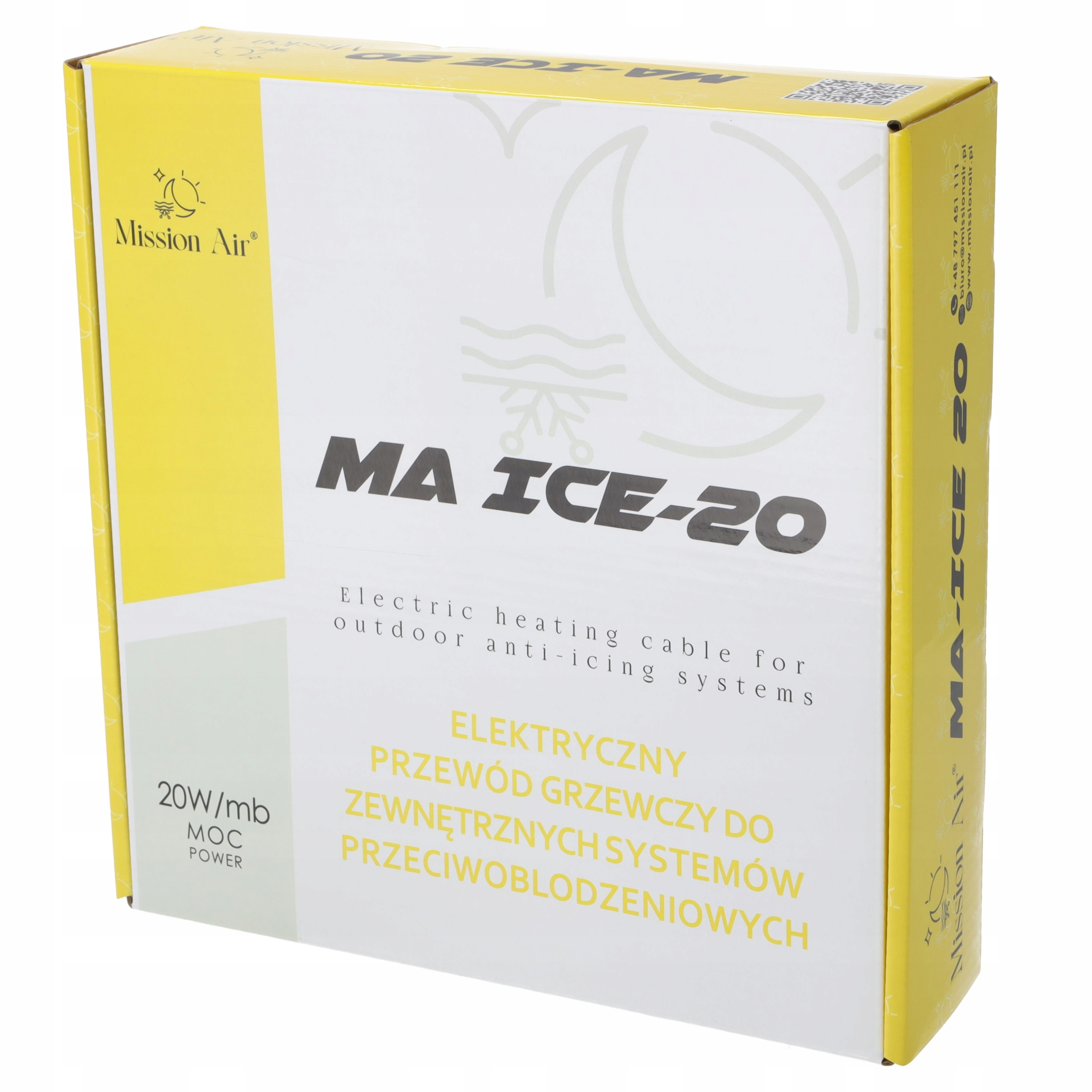 Biało-żółte pudełko na elektryczny kabel grzewczy MA ICE-20, 20W/mb, do zewnętrznych systemów przeciwoblodzeniowych.
