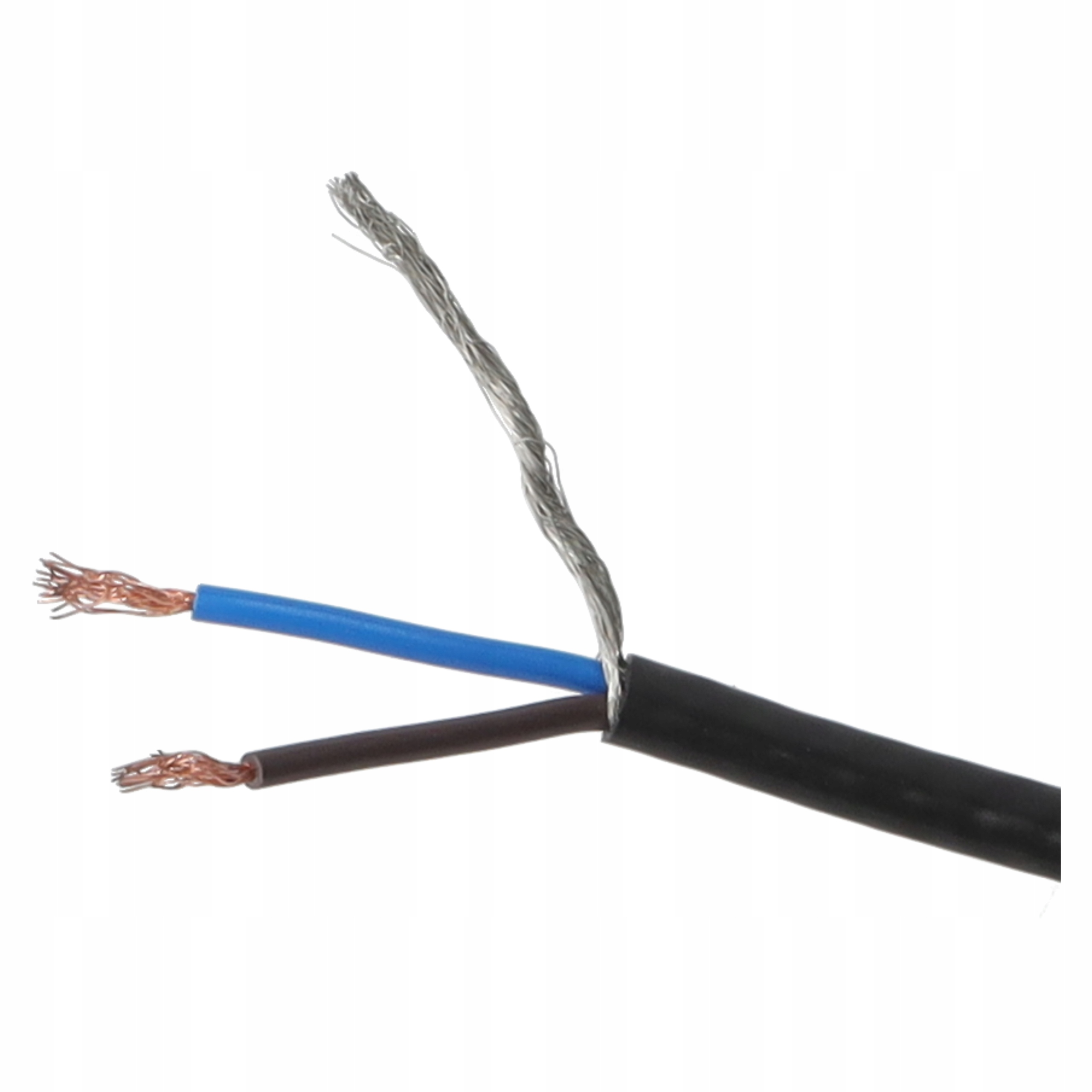 Czarny kabel z odsłoniętymi miedzianymi przewodami i niebieską oraz brązową izolacją.