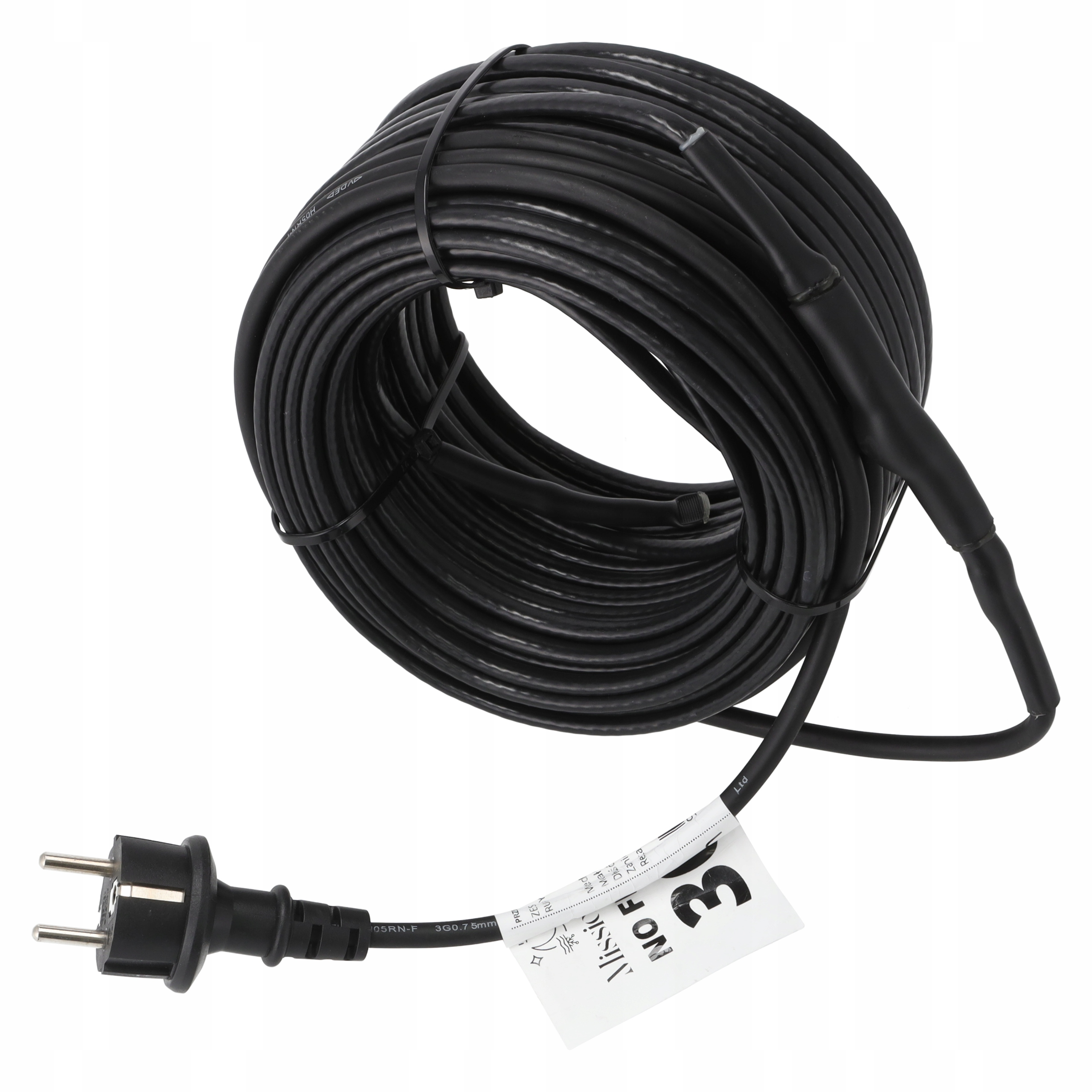 Czarny, zwinięty kabel z wtyczką, zabezpieczony opaską.