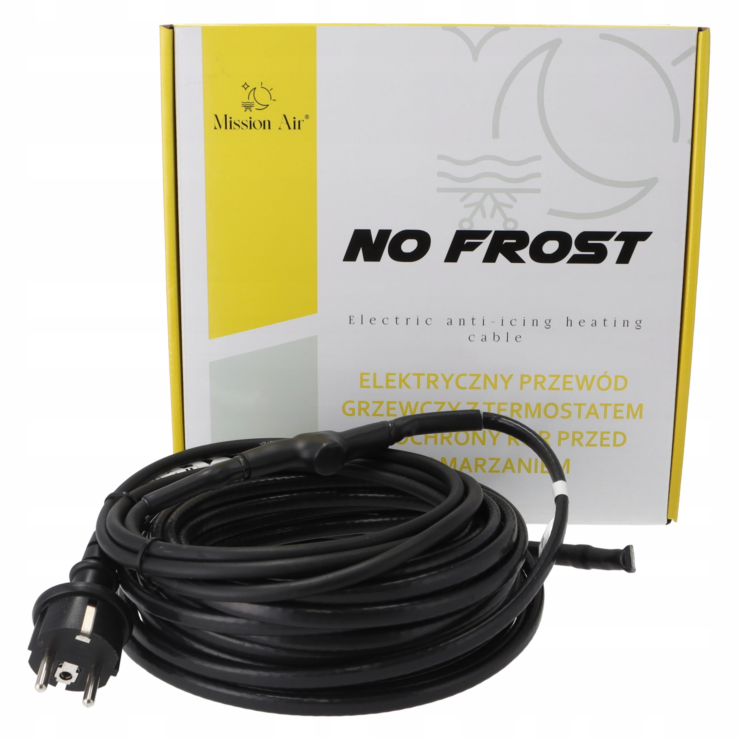 Czarny kabel grzewczy z wtyczką i termostatem na pudełku "NO FROST".