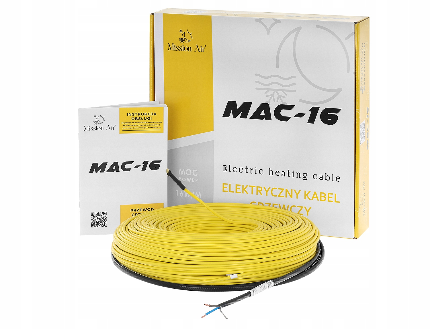 Żółty kabel grzewczy MAC-16 z instrukcją i opakowaniem.
