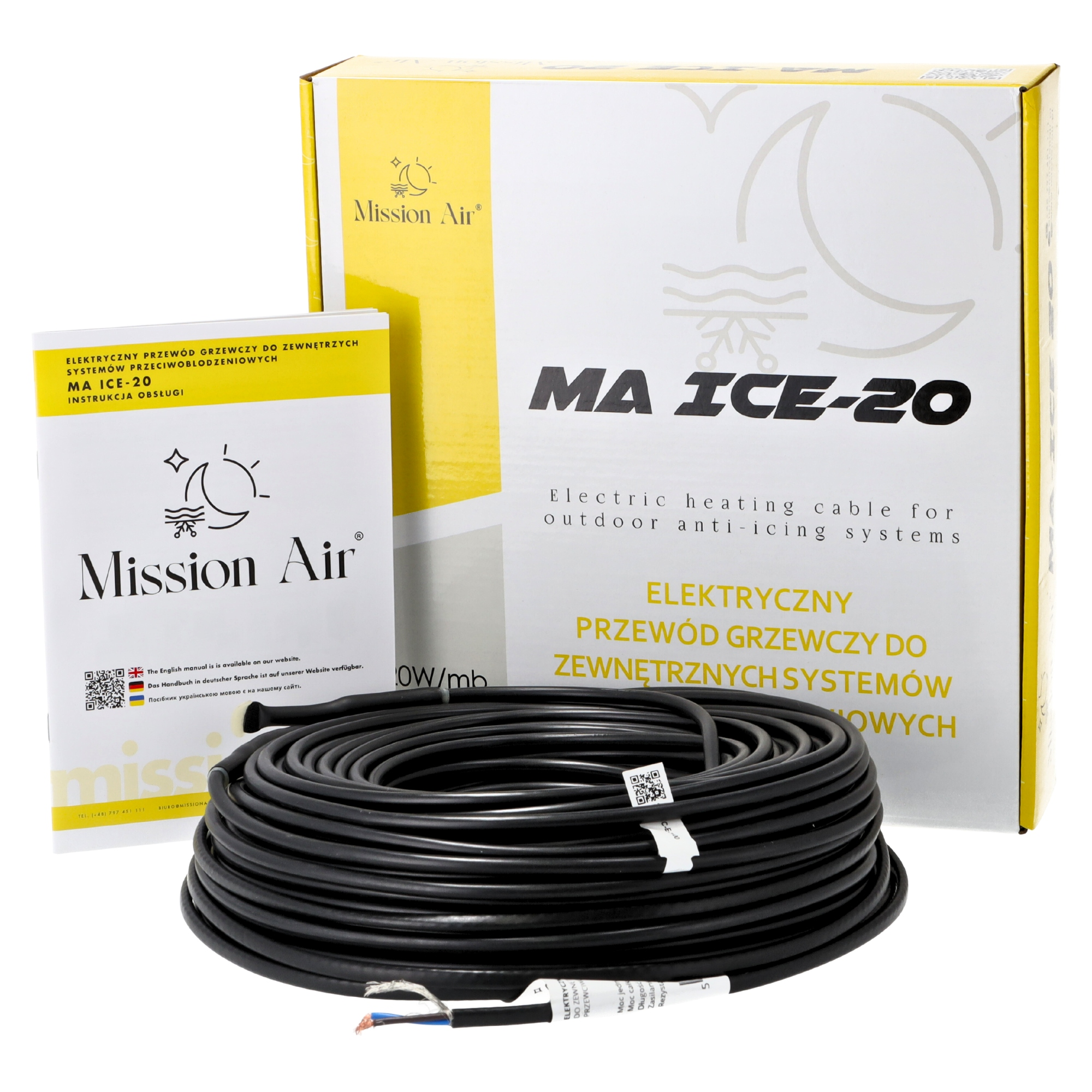 Pudełko kabla grzewczego Mission Air MA ICE-20 z czarnym kablem i instrukcją.