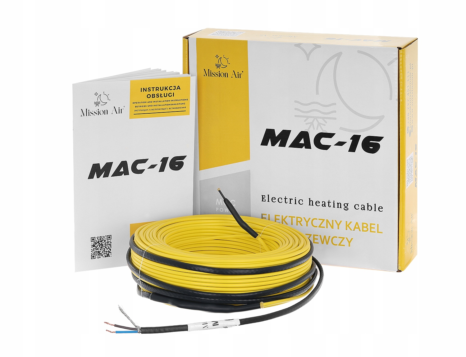 Żółty kabel grzewczy MAC-16 z instrukcją i pudełkiem.