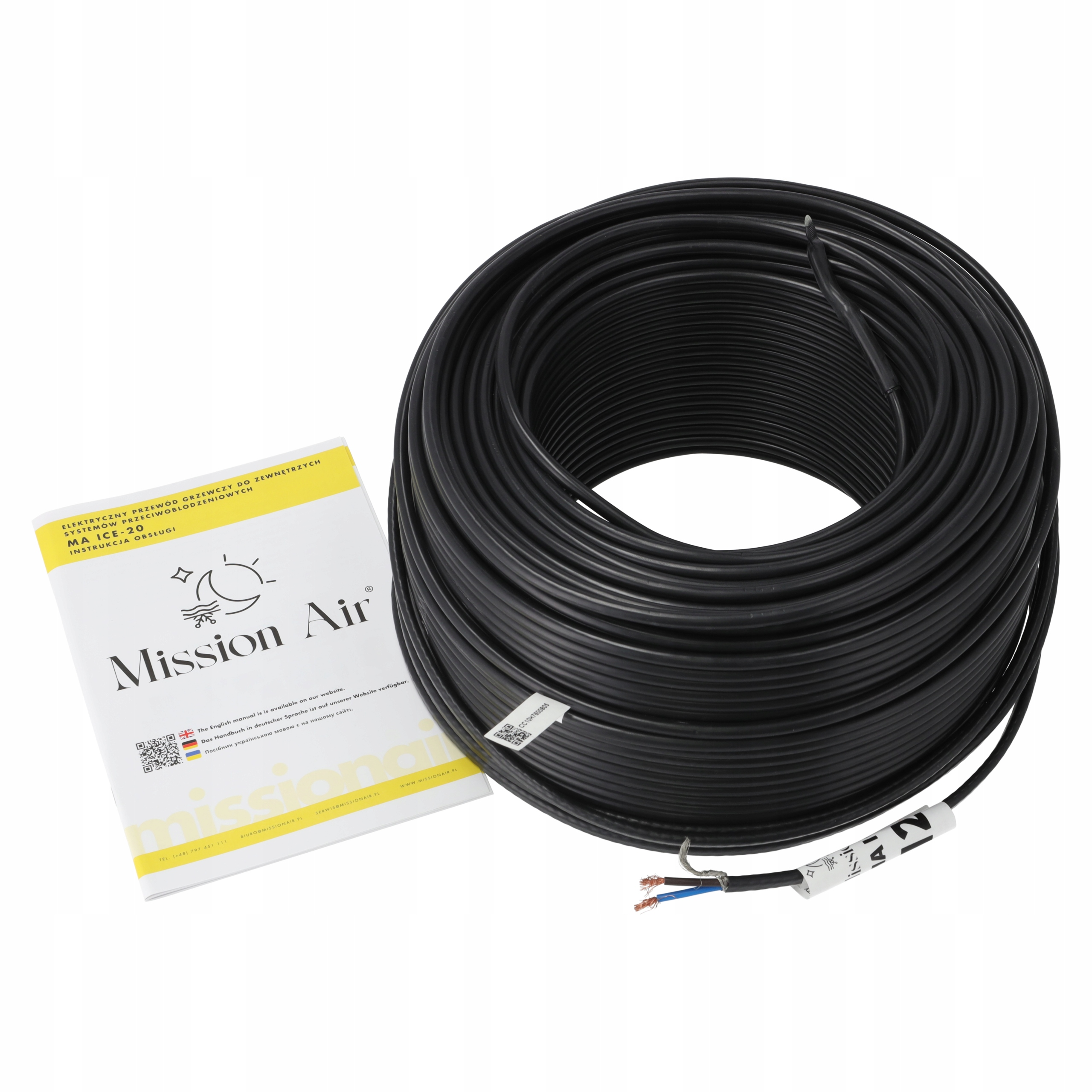 Czarny kabel nawinięty na szpulę obok instrukcji z logo Mission Air.