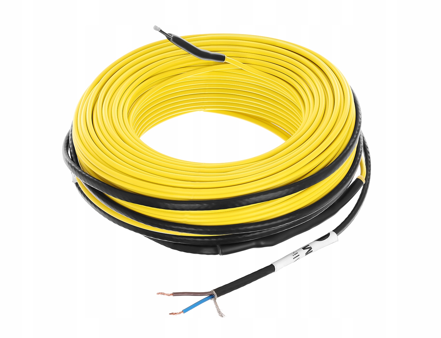 Zrolowany żółty kabel z czarnym przewodem i odsłoniętymi żyłami na końcu.