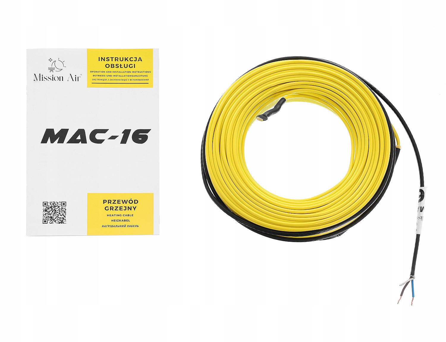 Żółty kabel grzewczy MAC-16 firmy Mission Air z instrukcją.