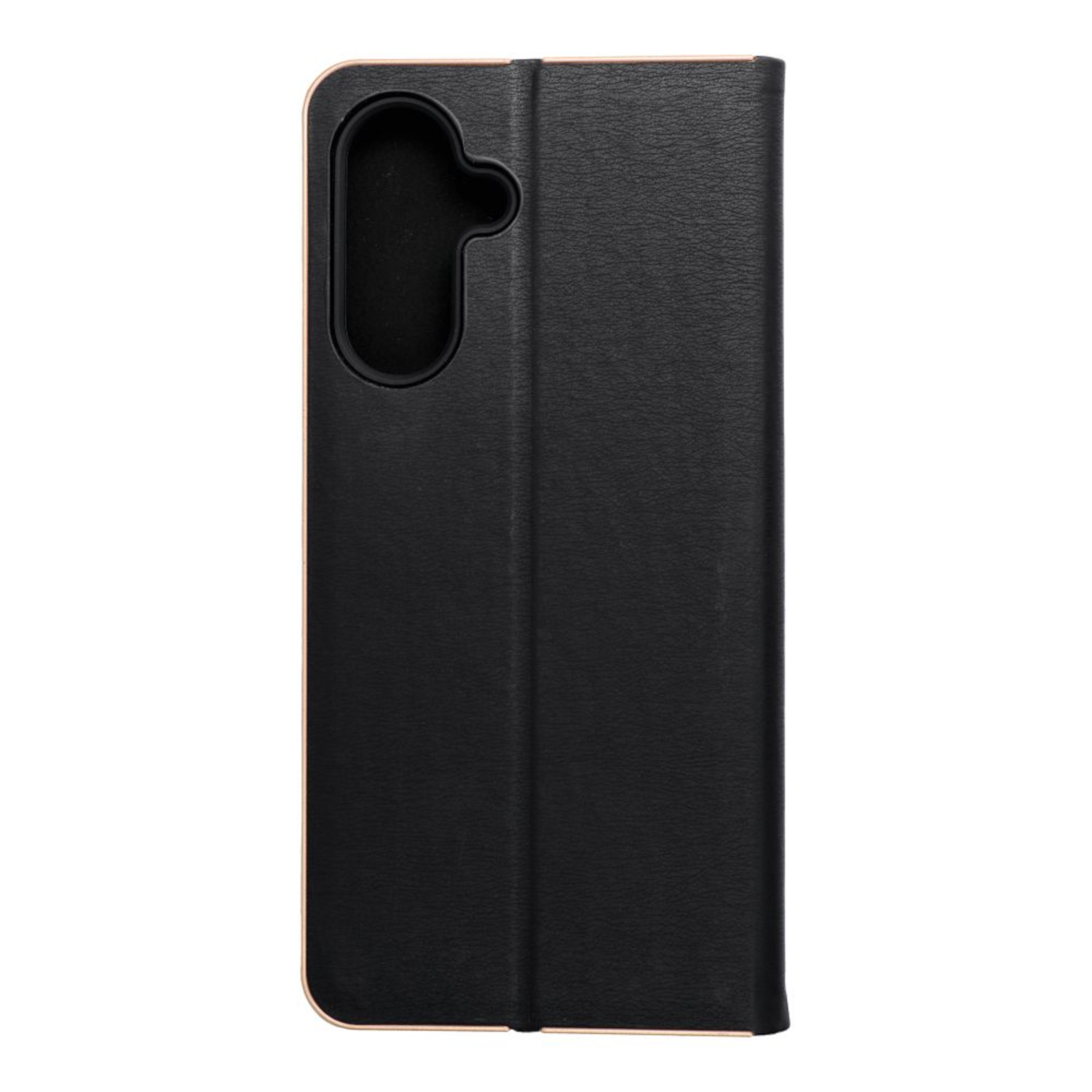 Schwarzes Leder-Flip-Case für ein Smartphone mit Kameraaussparung.