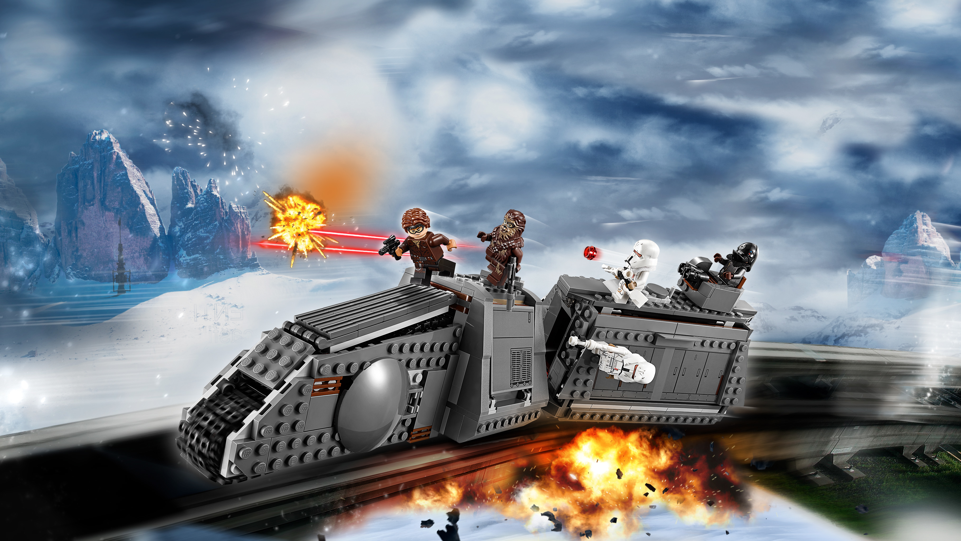 Figurki Lego walczą w pociągu przed ośnieżonymi górami, z eksplozjami.