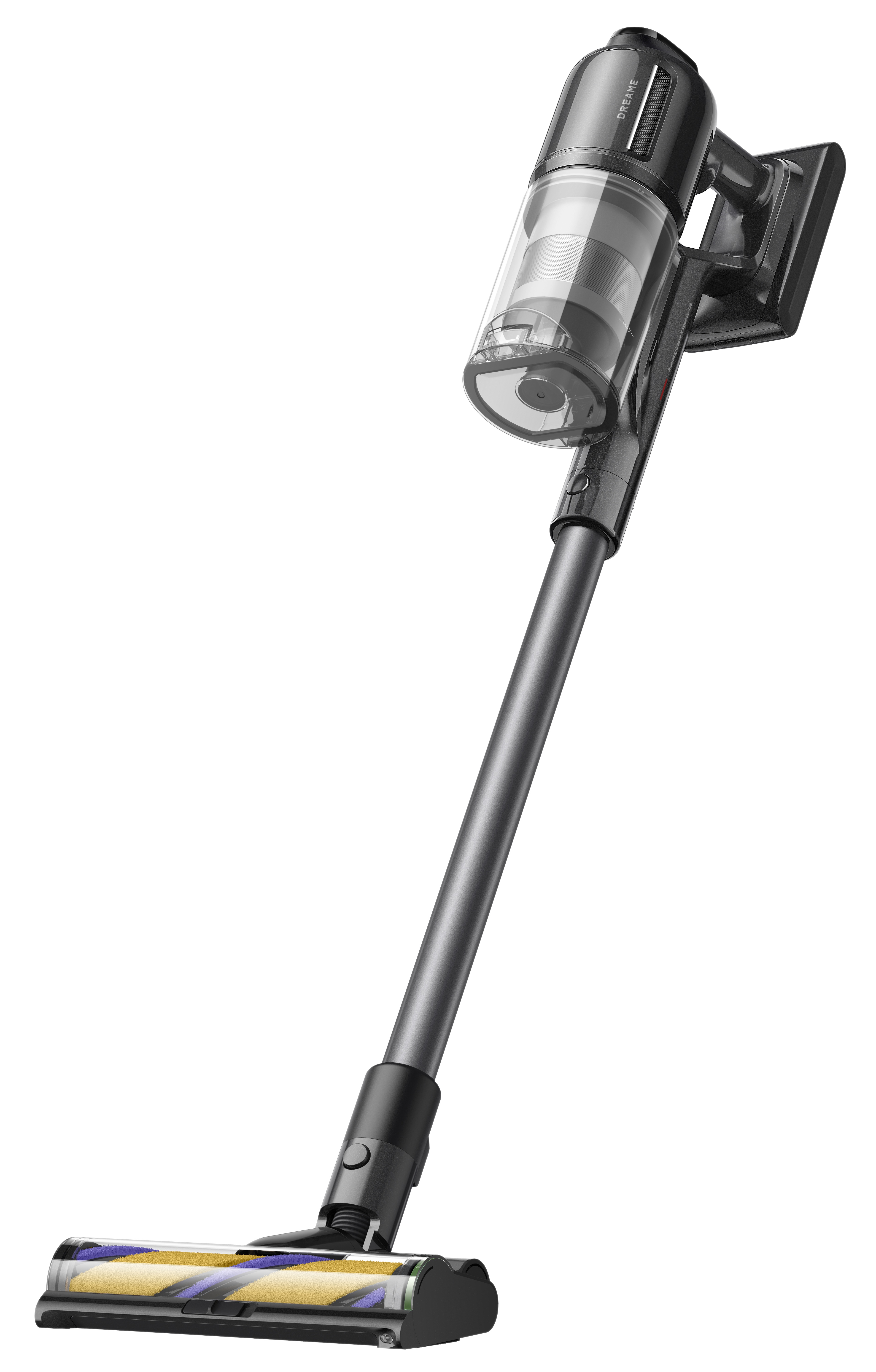 Odkurzacz bezprzewodowy z przezroczystym pojemnikiem i szczotką w żółto-niebieskie paski.